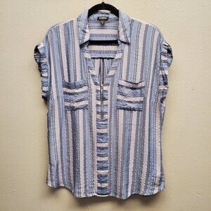 Express Shirt Womens Large Blue White Striped Short Sleeve Zip Pocket Casual Top